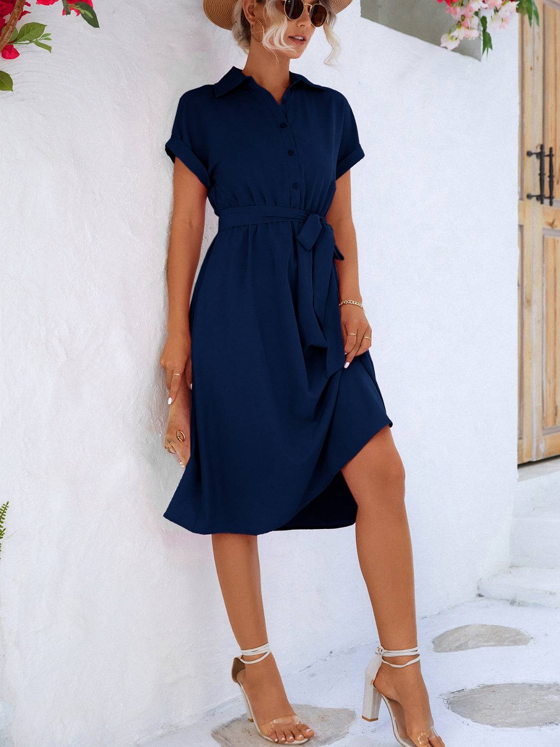 Buttoned Tie Waist Short Sleeve Dress - Siennasass