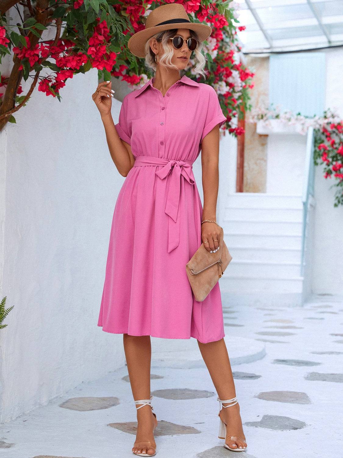 Buttoned Tie Waist Short Sleeve Dress - Siennasass