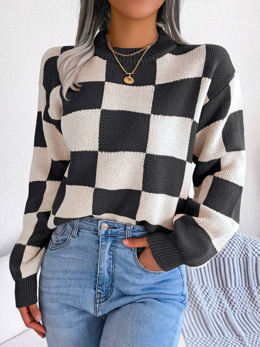 Karierter Pullover mit Stehkragen und langen Ärmeln