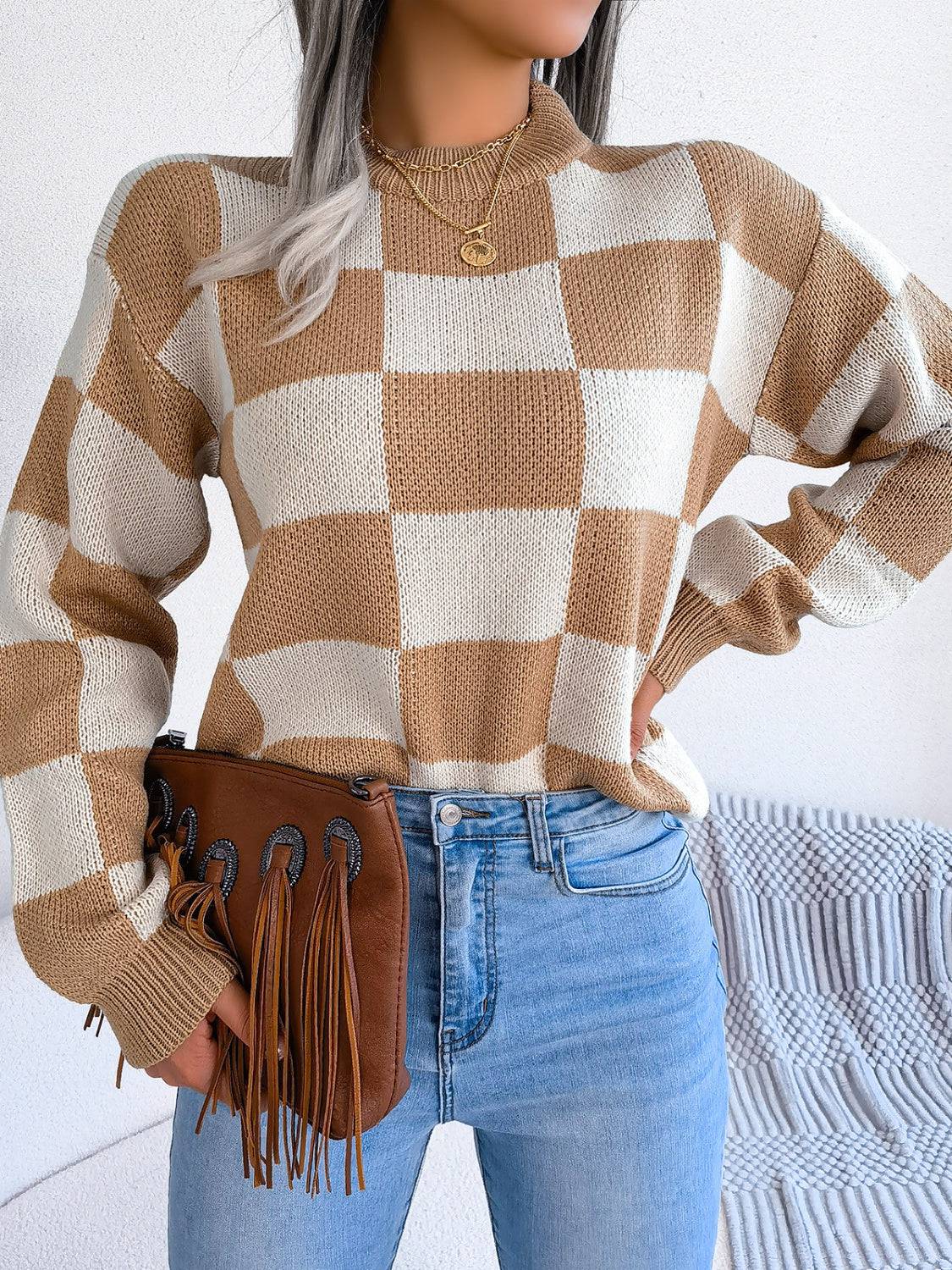 Karierter Pullover mit Stehkragen und langen Ärmeln