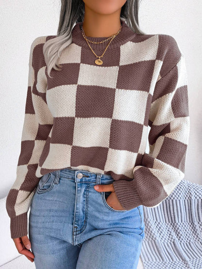 Karierter Pullover mit Stehkragen und langen Ärmeln