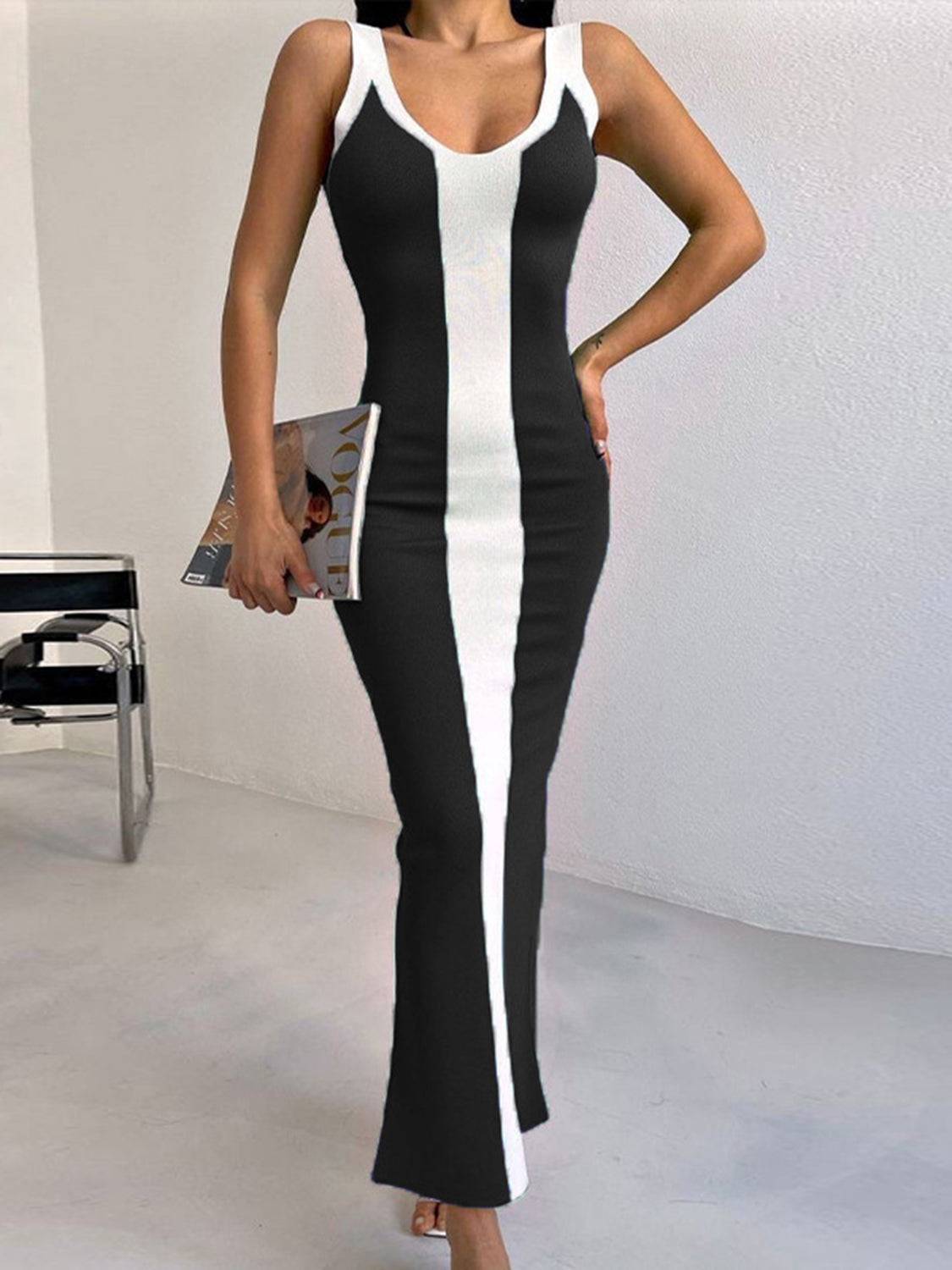 Midikleid mit Schlitz und breiten Trägern in Kontrastfarbe