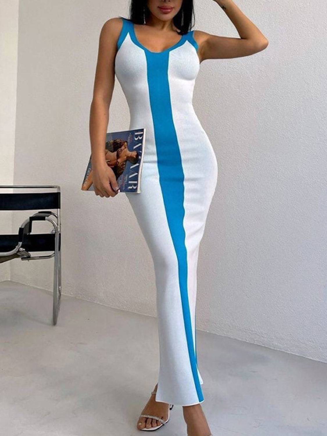 Midikleid mit Schlitz und breiten Trägern in Kontrastfarbe