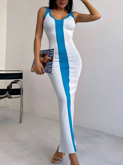 Midikleid mit Schlitz und breiten Trägern in Kontrastfarbe