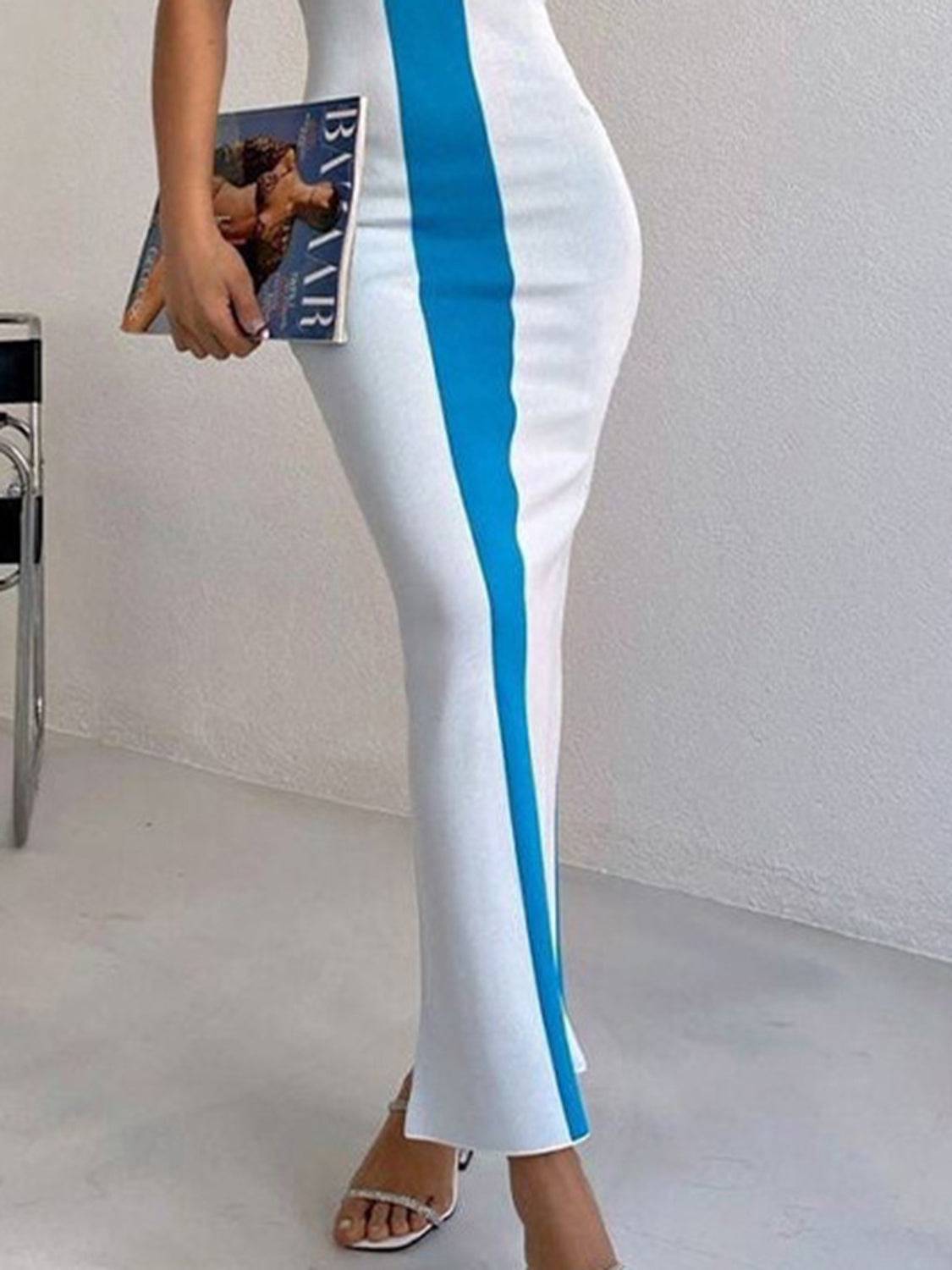Midikleid mit Schlitz und breiten Trägern in Kontrastfarbe