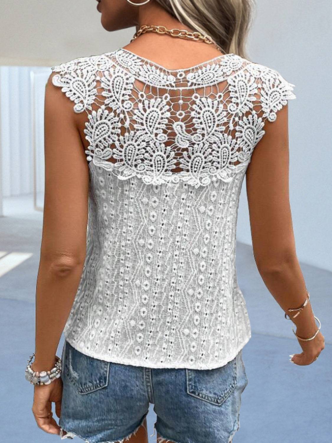 Cutout Lace Detail Notched Blouse - Siennasass