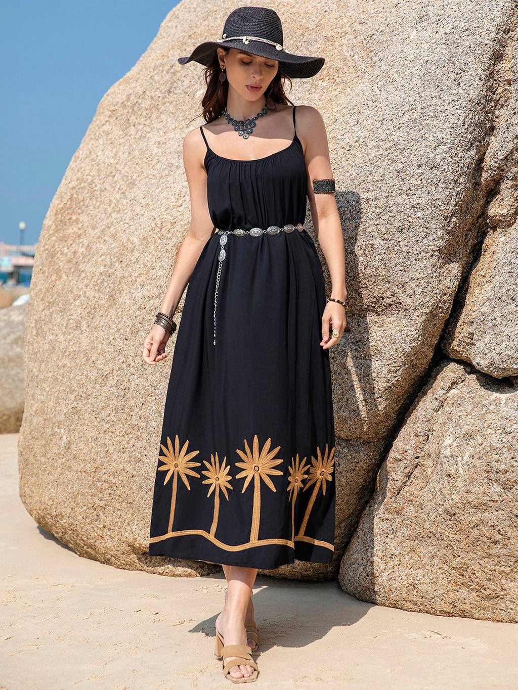 Embroidered Scoop Neck Midi Cami Dress - Siennasass