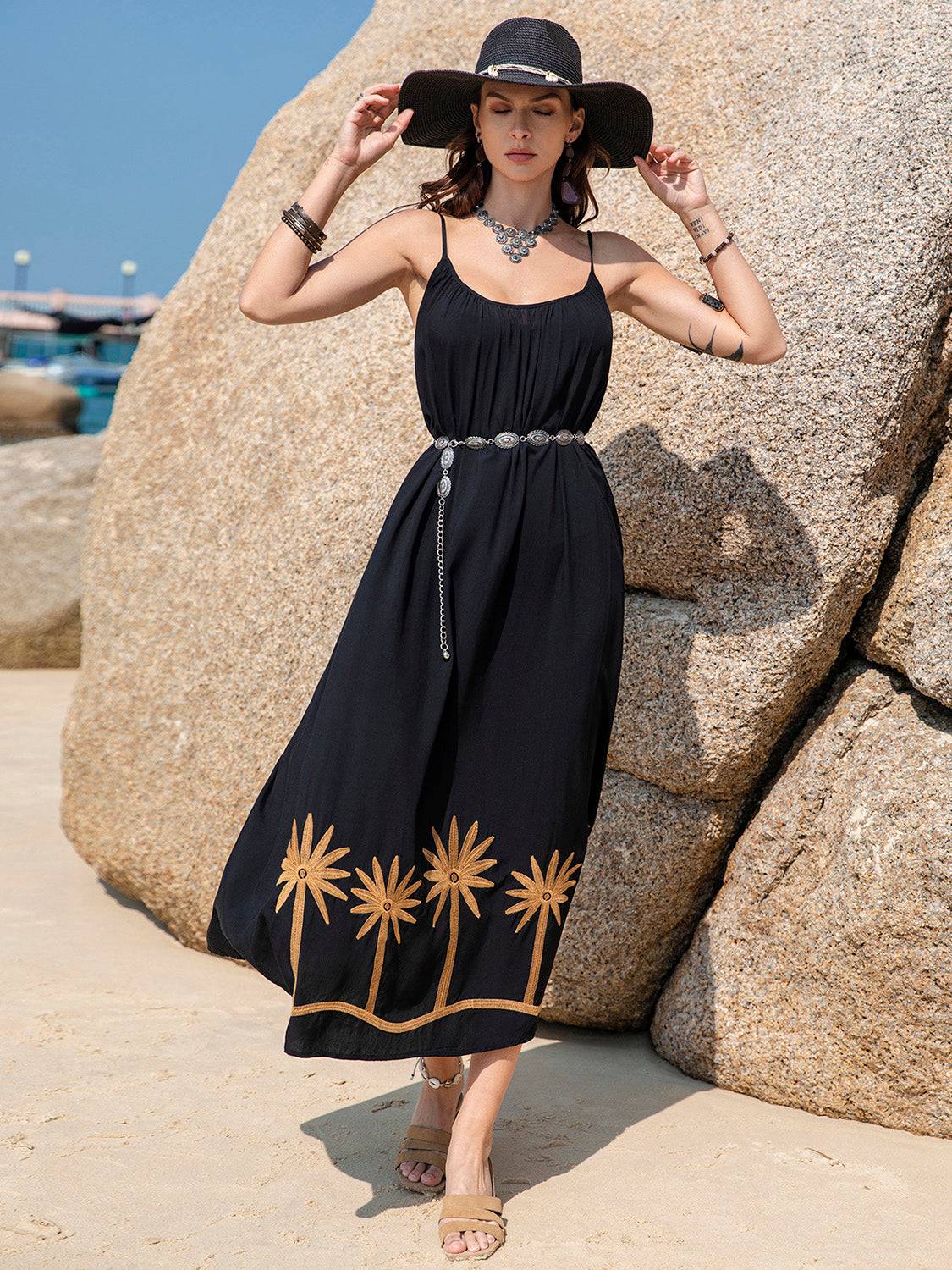 Embroidered Scoop Neck Midi Cami Dress - Siennasass