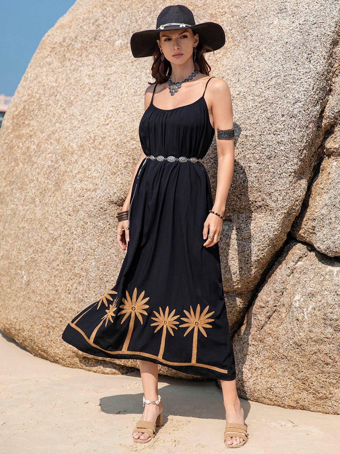 Embroidered Scoop Neck Midi Cami Dress - Siennasass