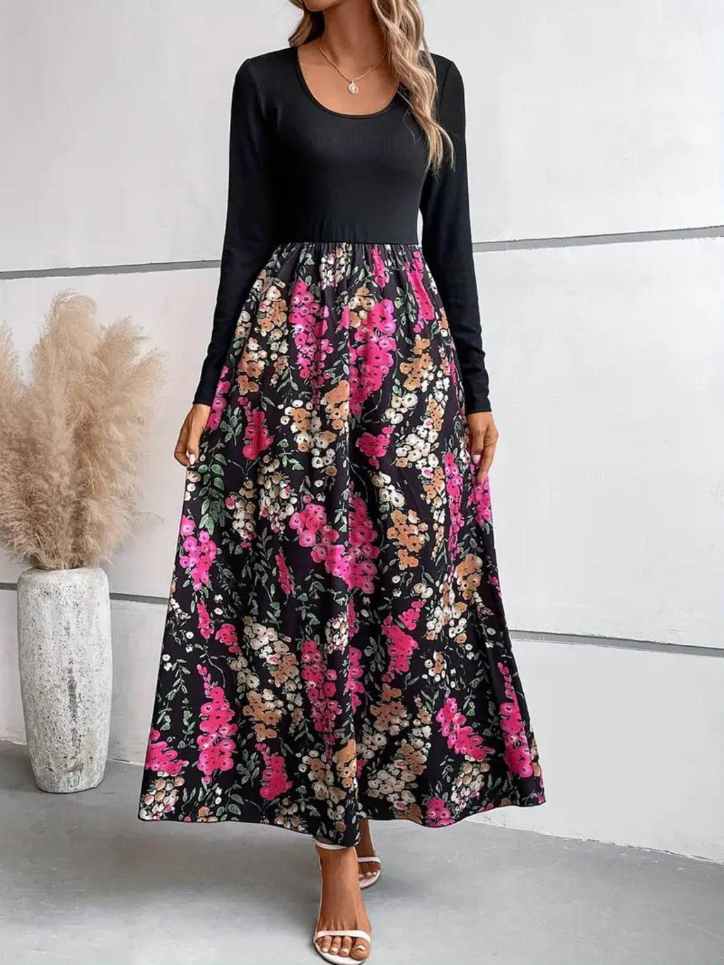 Floral Round Neck Long Sleeve Maxi Dress - Siennasass