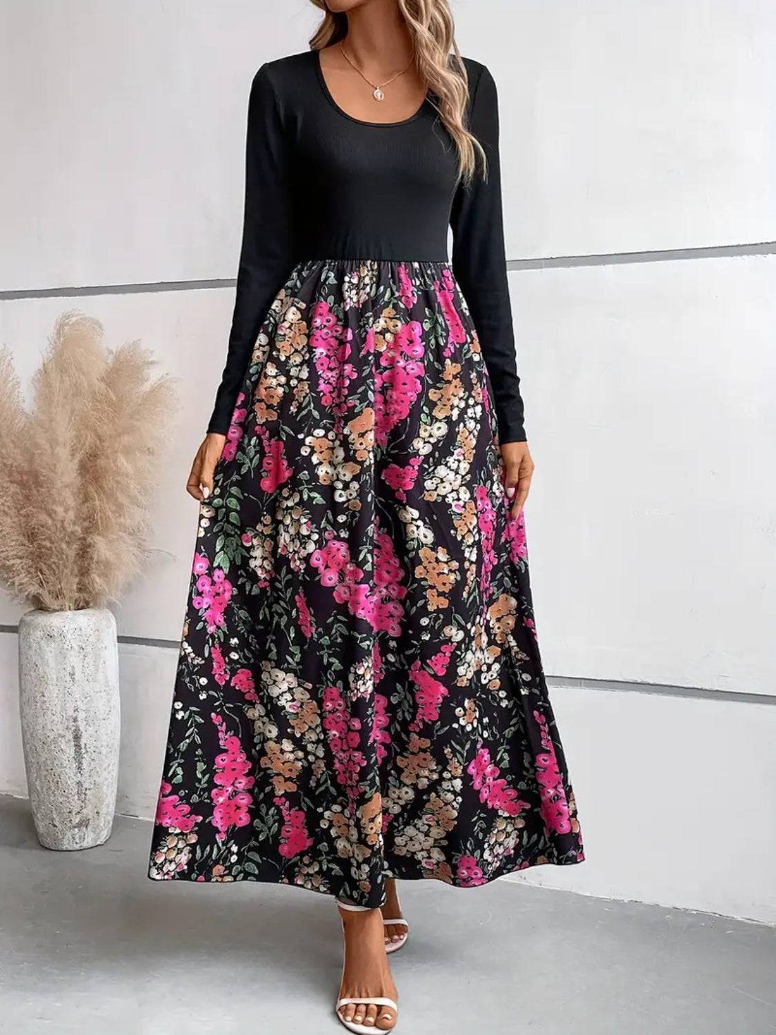 Floral Round Neck Long Sleeve Maxi Dress - Siennasass