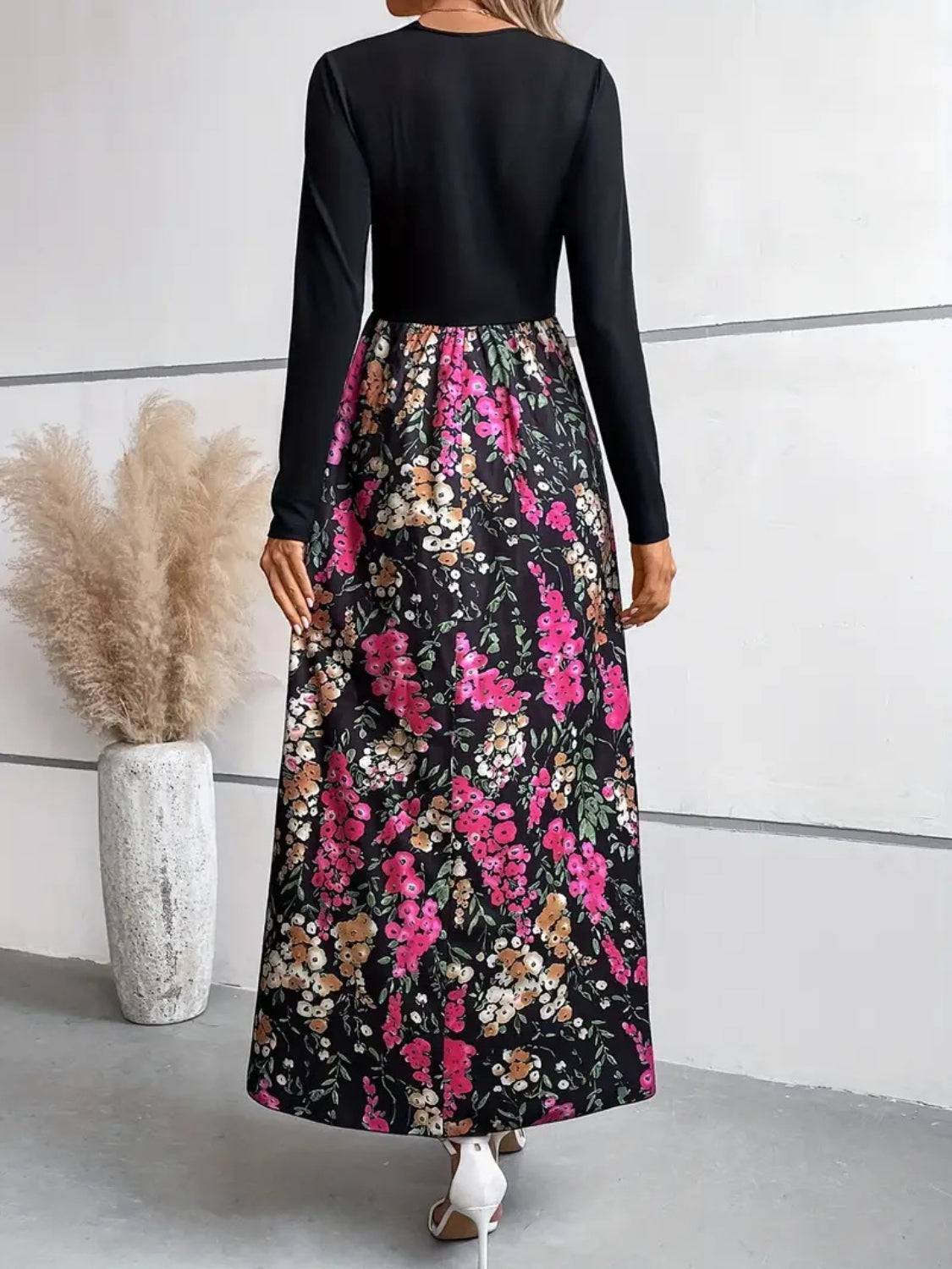Floral Round Neck Long Sleeve Maxi Dress - Siennasass