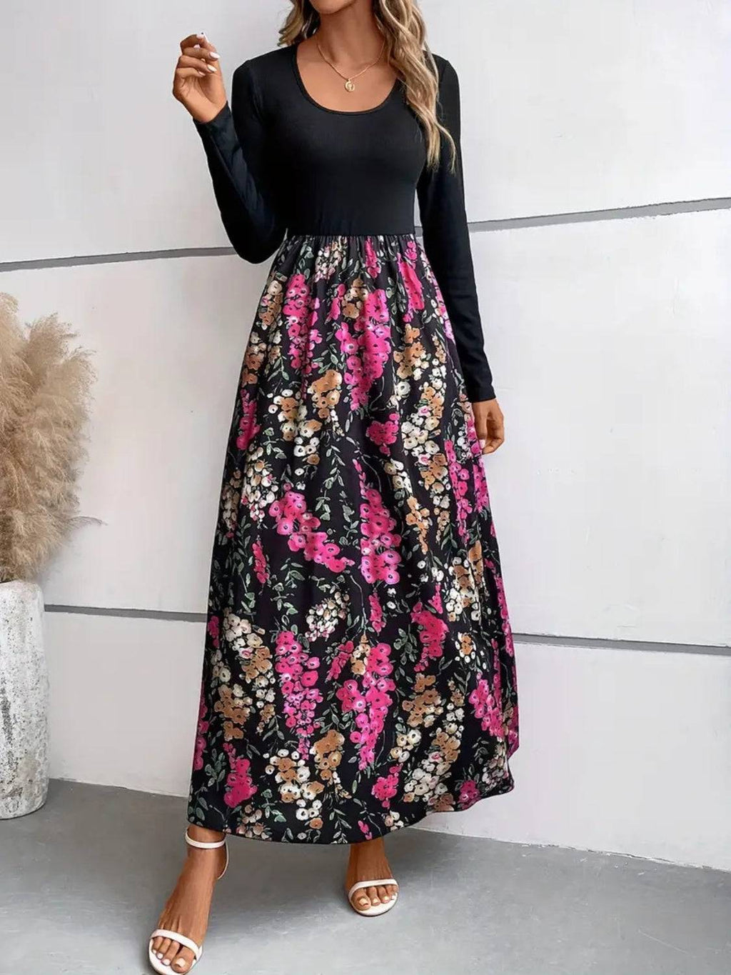 Floral Round Neck Long Sleeve Maxi Dress - Siennasass