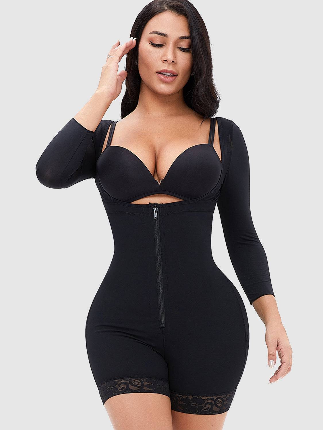 Full Size Zip Up Lace Detail Long Sleeve Shapewear - Siennasass