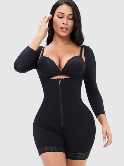 Full Size Zip Up Lace Detail Long Sleeve Shapewear - Siennasass