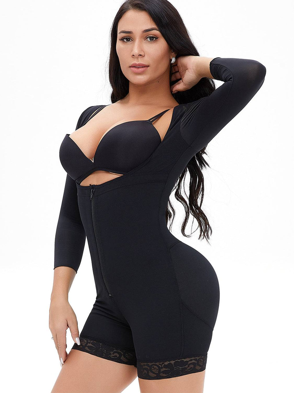 Full Size Zip Up Lace Detail Long Sleeve Shapewear - Siennasass