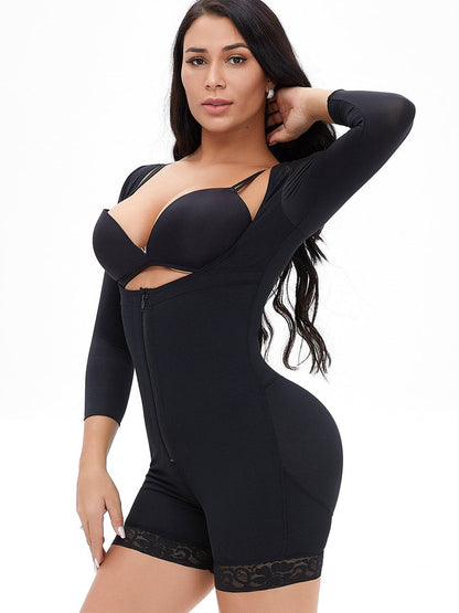 Full Size Zip Up Lace Detail Long Sleeve Shapewear - Siennasass