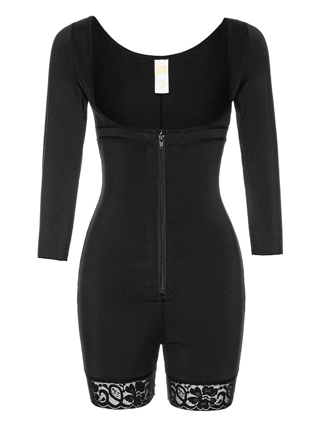Full Size Zip Up Lace Detail Long Sleeve Shapewear - Siennasass