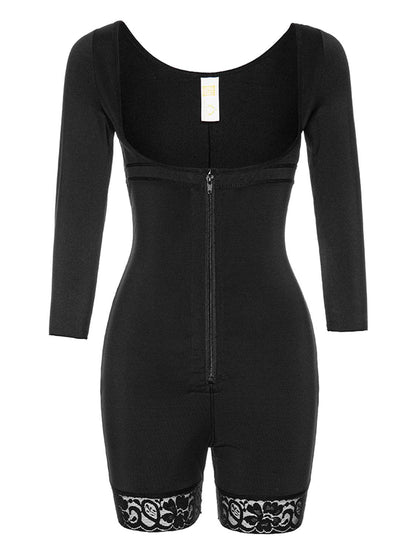Full Size Zip Up Lace Detail Long Sleeve Shapewear - Siennasass