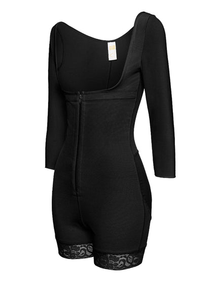 Full Size Zip Up Lace Detail Long Sleeve Shapewear - Siennasass