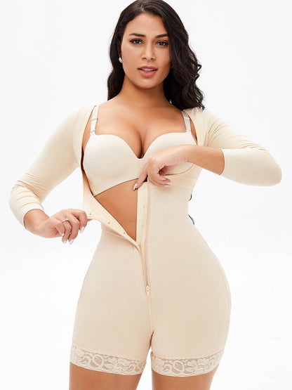 Full Size Zip Up Lace Detail Long Sleeve Shapewear - Siennasass