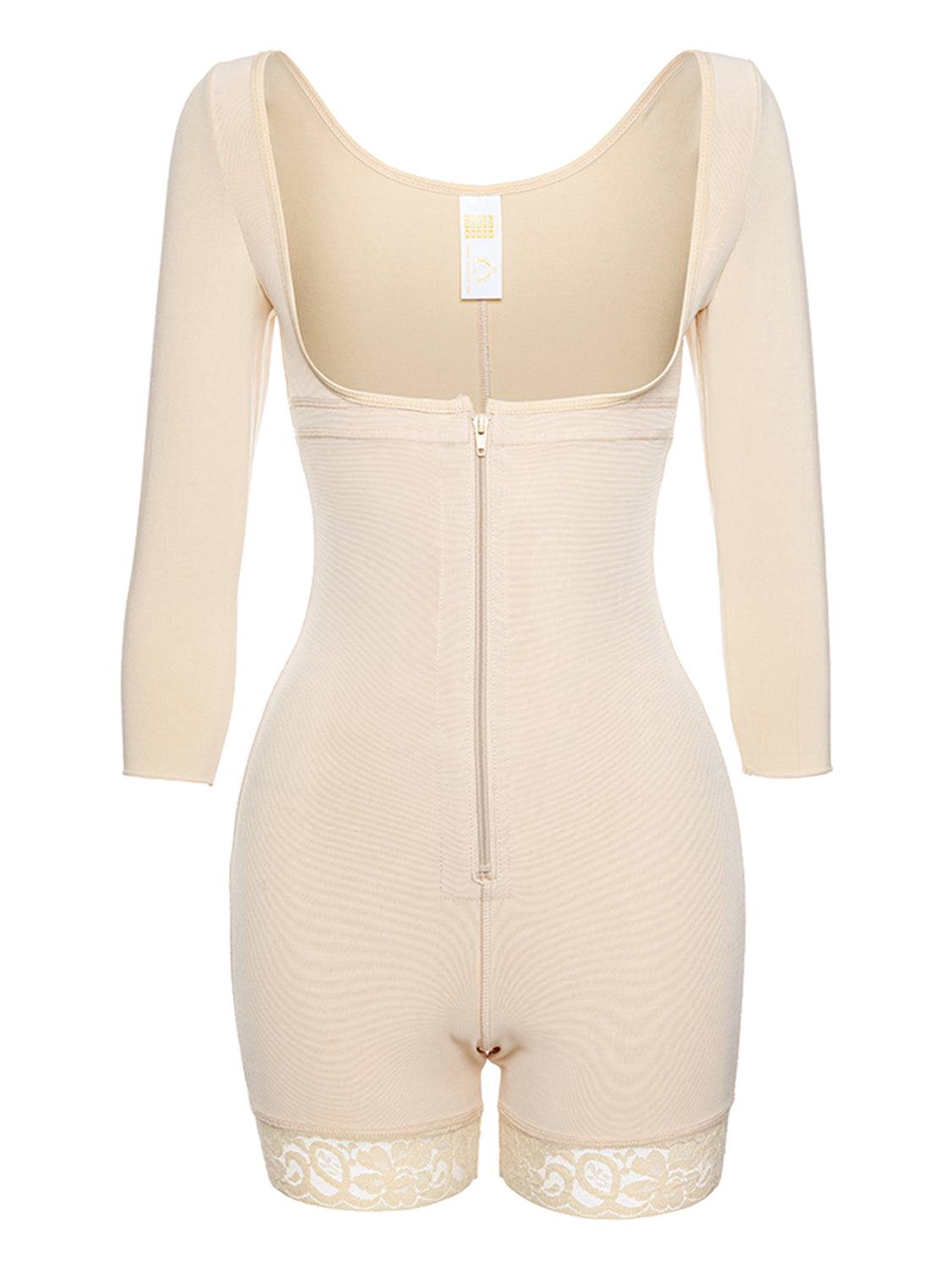 Full Size Zip Up Lace Detail Long Sleeve Shapewear - Siennasass