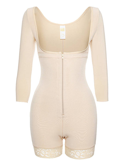 Full Size Zip Up Lace Detail Long Sleeve Shapewear - Siennasass
