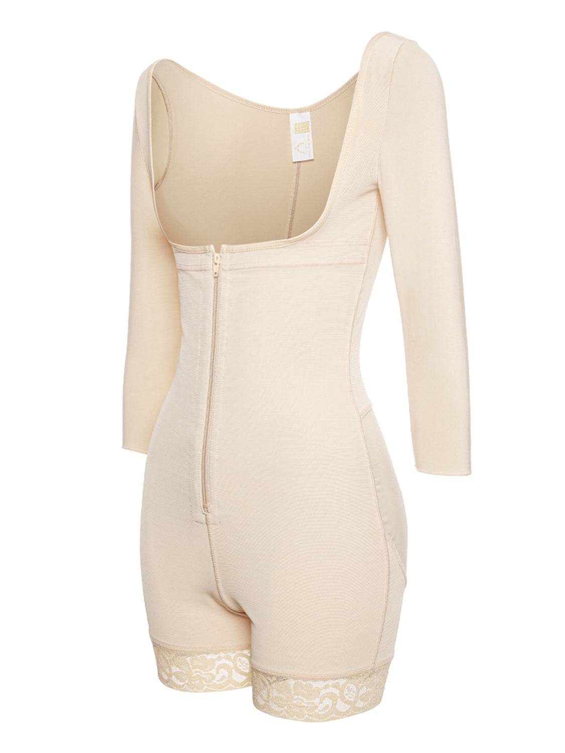 Full Size Zip Up Lace Detail Long Sleeve Shapewear - Siennasass