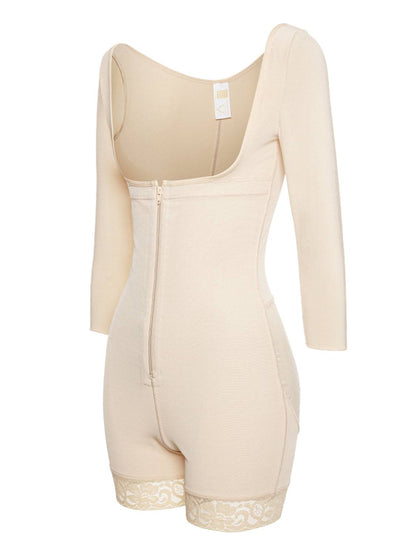 Full Size Zip Up Lace Detail Long Sleeve Shapewear - Siennasass