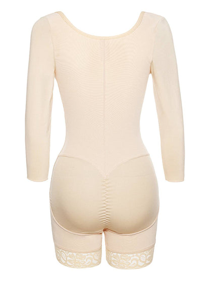 Full Size Zip Up Lace Detail Long Sleeve Shapewear - Siennasass