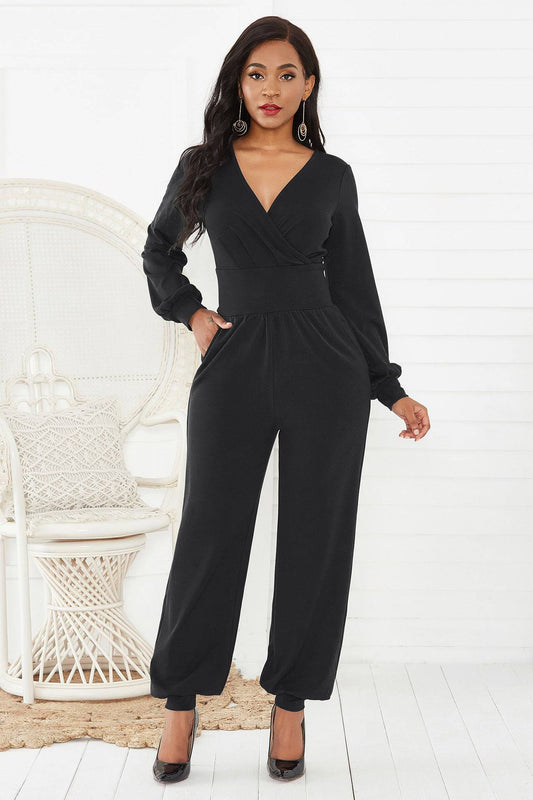 Gathered Detail Surplice Lantern Sleeve Jumpsuit - Siennasass