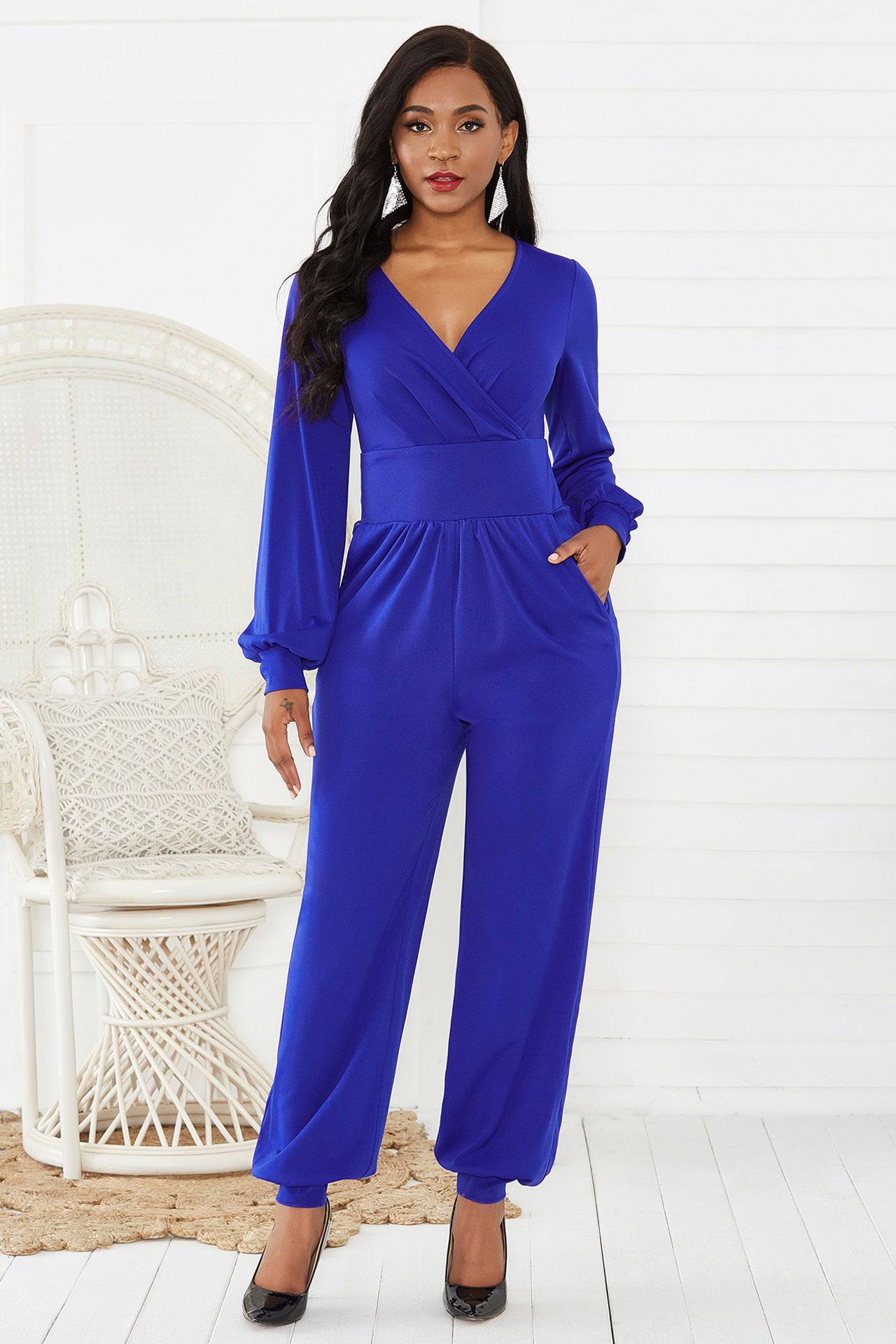 Gathered Detail Surplice Lantern Sleeve Jumpsuit - Siennasass