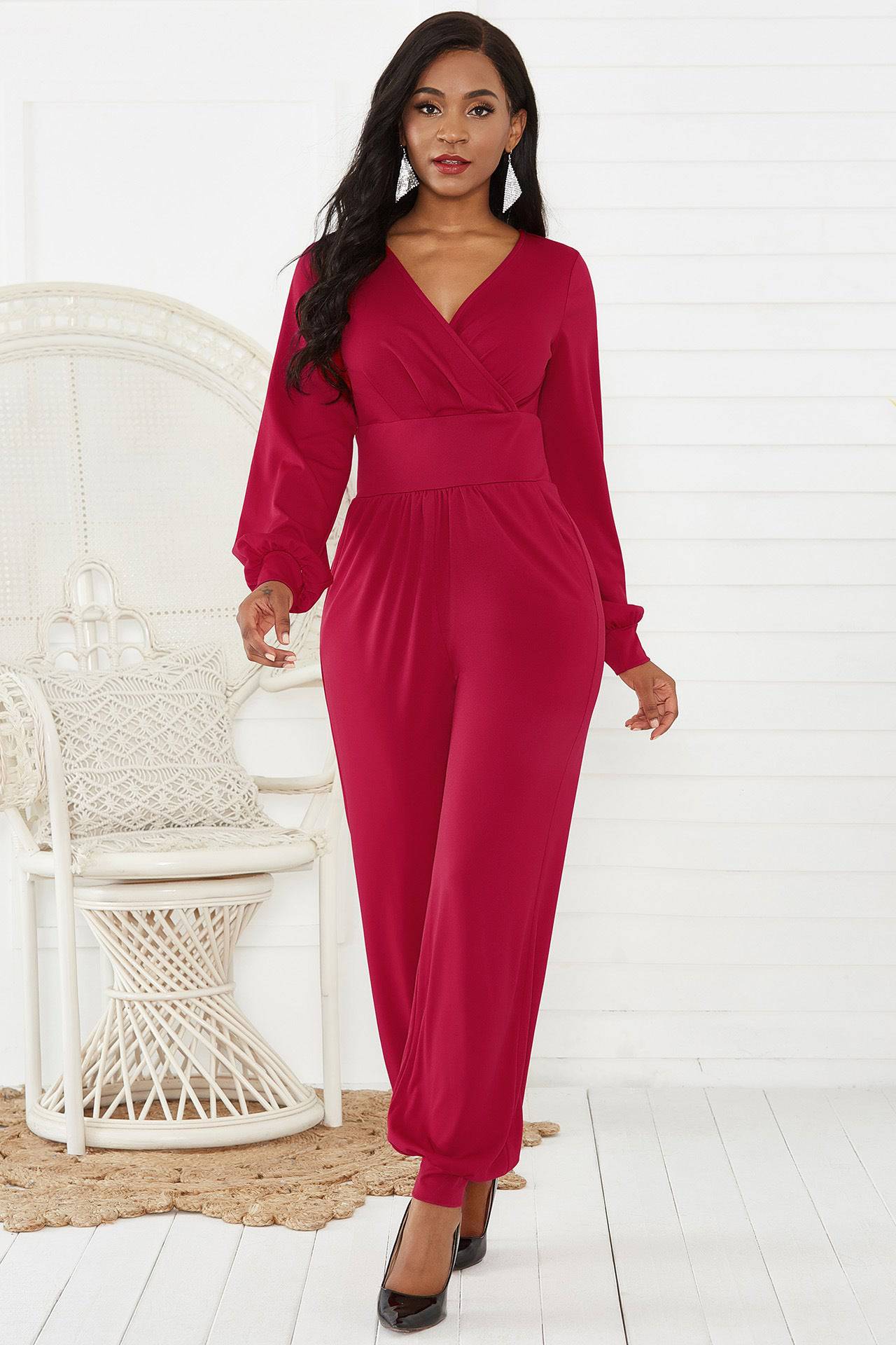 Gathered Detail Surplice Lantern Sleeve Jumpsuit - Siennasass