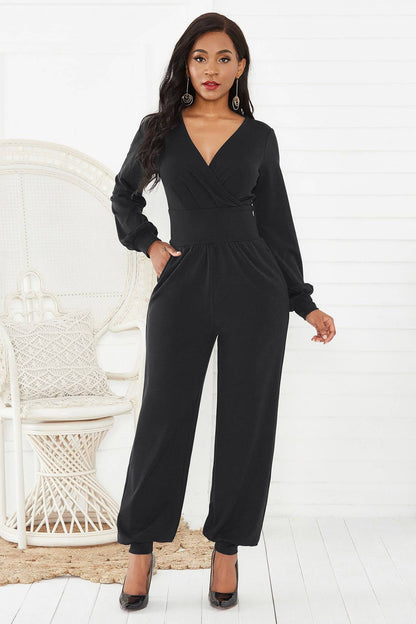 Gathered Detail Surplice Lantern Sleeve Jumpsuit - Siennasass