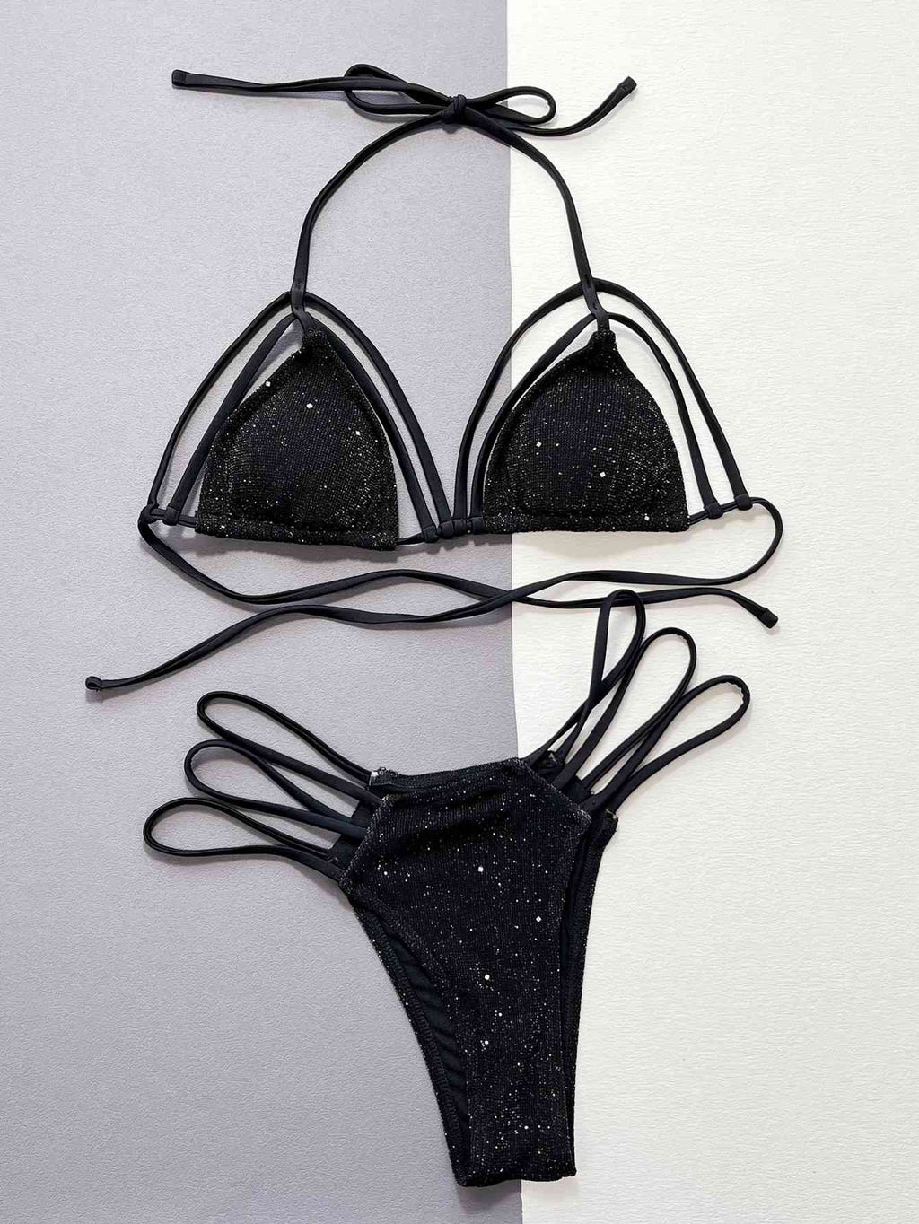 Glitter Halter Neck Strappy Two-Piece Bikini Set - Siennasass
