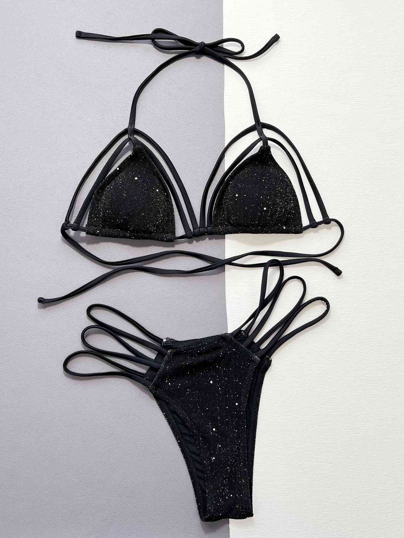 Glitter Halter Neck Strappy Two-Piece Bikini Set - Siennasass