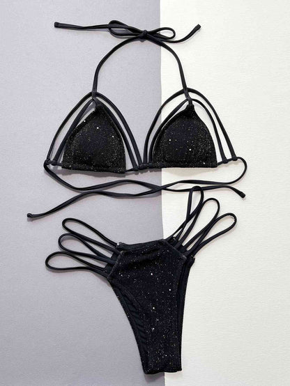 Glitter Halter Neck Strappy Two-Piece Bikini Set - Siennasass
