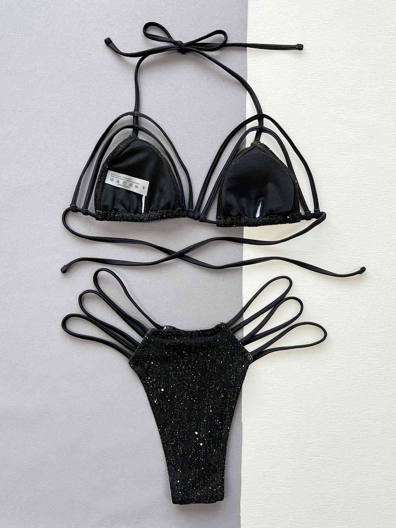 Glitter Halter Neck Strappy Two-Piece Bikini Set - Siennasass