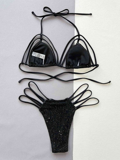 Glitter Halter Neck Strappy Two-Piece Bikini Set - Siennasass