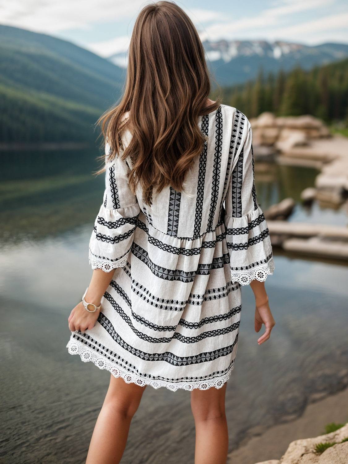 Lace Detail Printed Three-Quarter Sleeve Dress - Siennasass