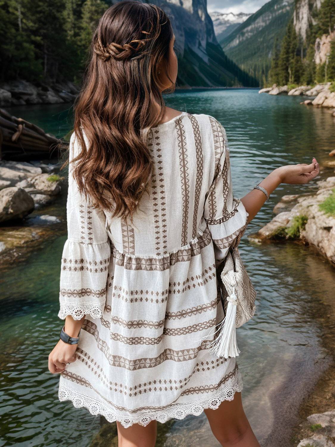 Lace Detail Printed Three-Quarter Sleeve Dress - Siennasass