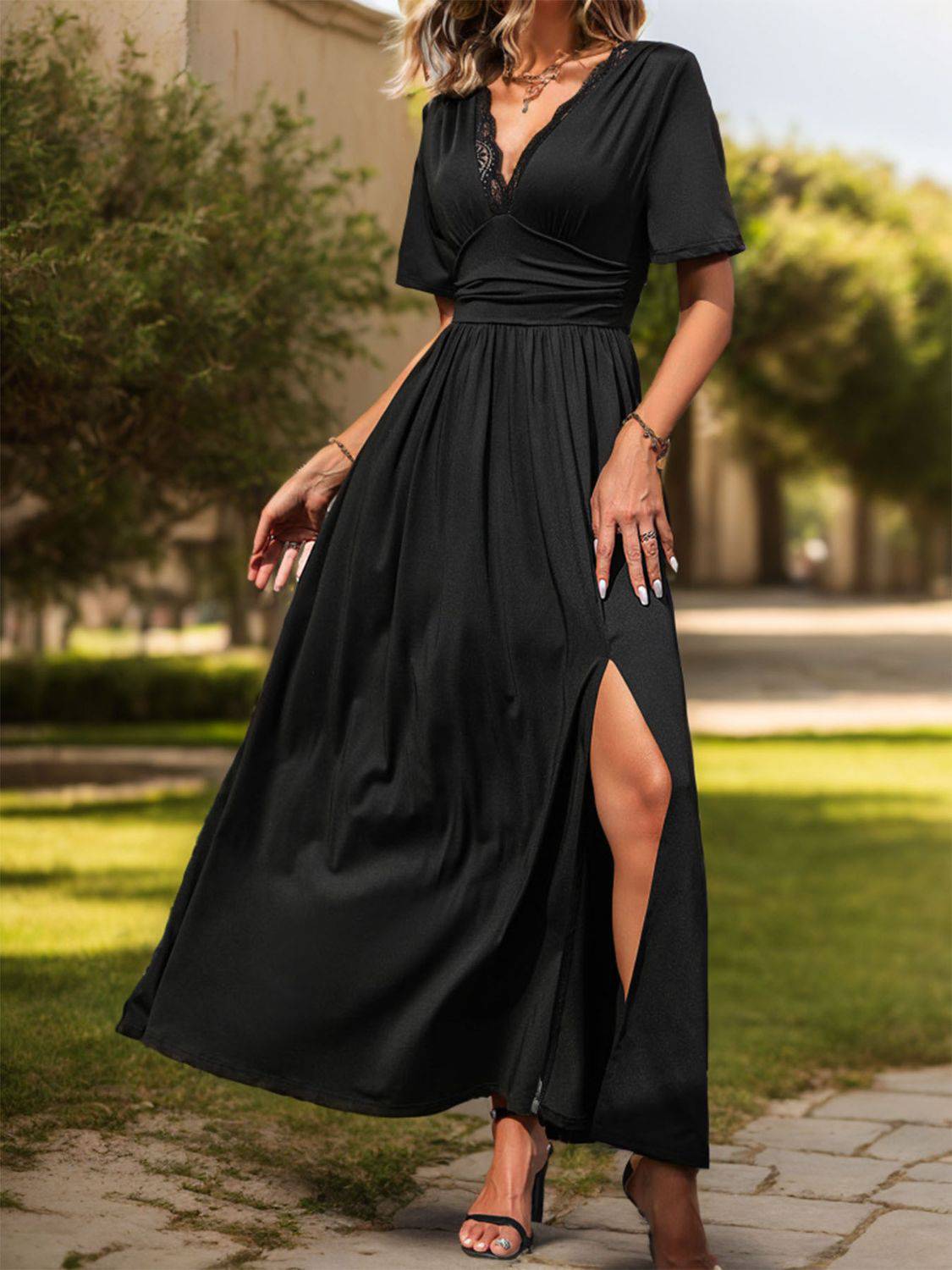 Lace Detail Slit V-Neck Short Sleeve Dress - Siennasass