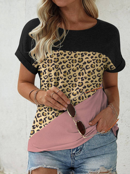 Leopard Round Neck Short Sleeve T-Shirt - Siennasass