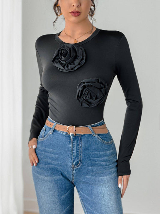 Perfee Blumen-Bodysuit mit Rundhalsausschnitt und langen Ärmeln