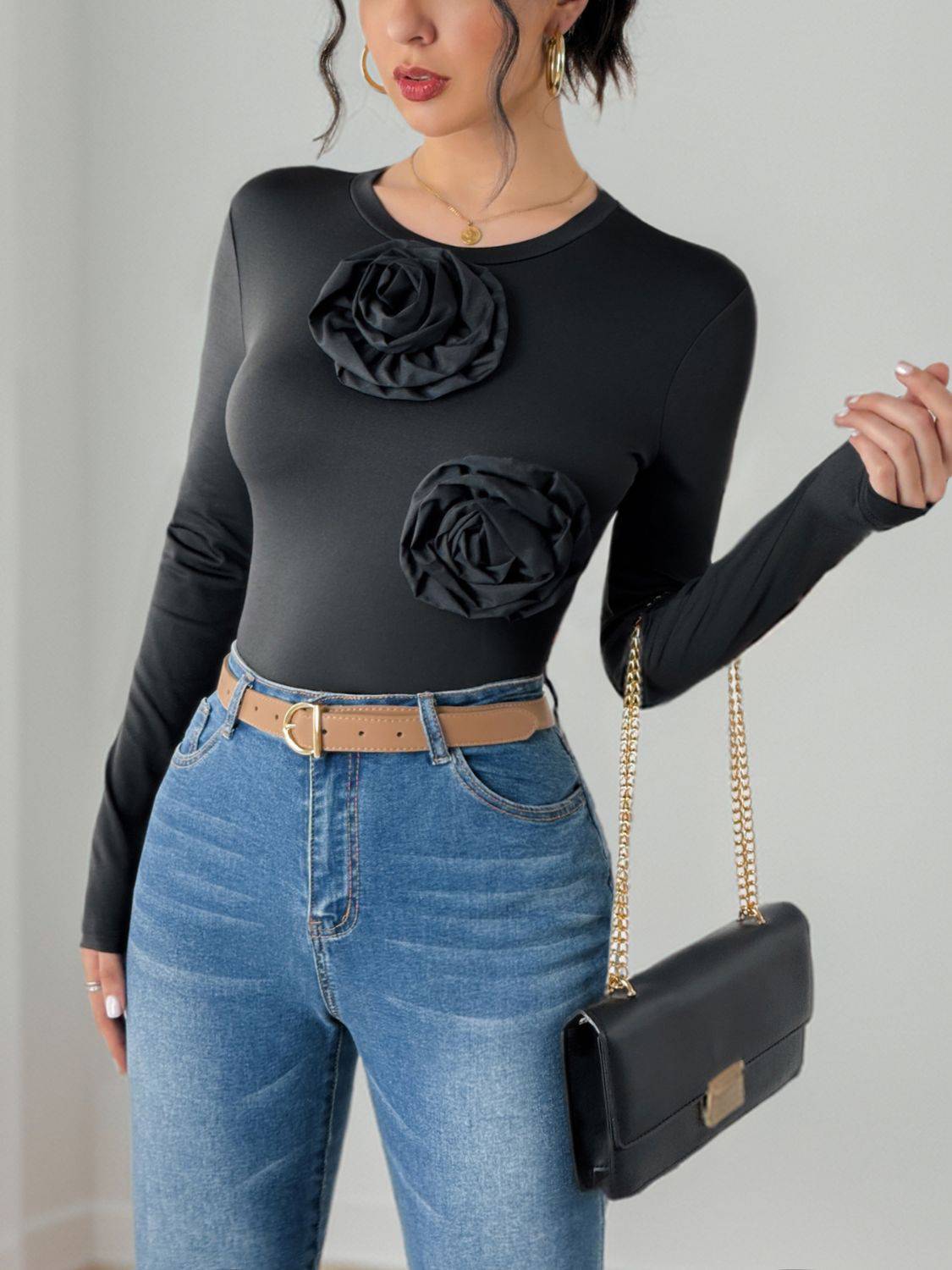 Perfee Blumen-Bodysuit mit Rundhalsausschnitt und langen Ärmeln