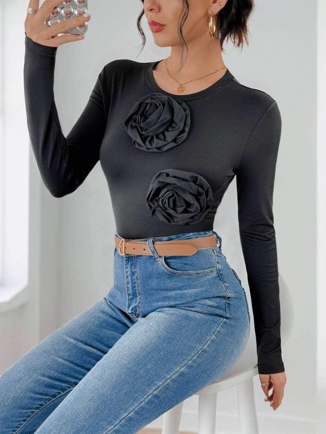 Perfee Blumen-Bodysuit mit Rundhalsausschnitt und langen Ärmeln