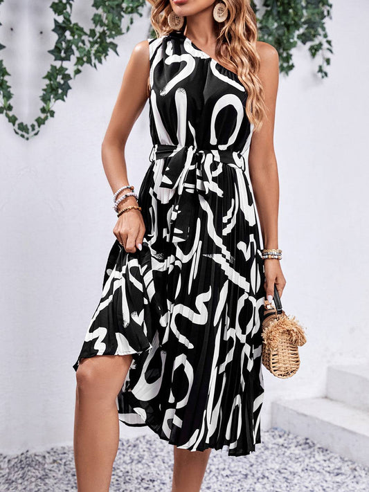 Printed Single Shoulder Tie Waist Dress - Siennasass