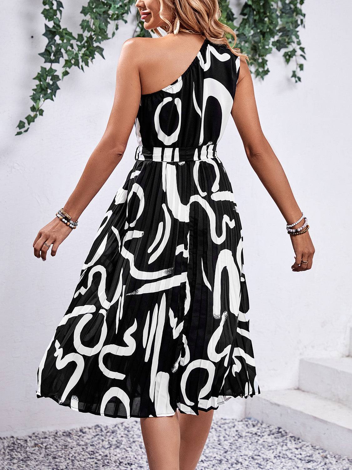 Printed Single Shoulder Tie Waist Dress - Siennasass