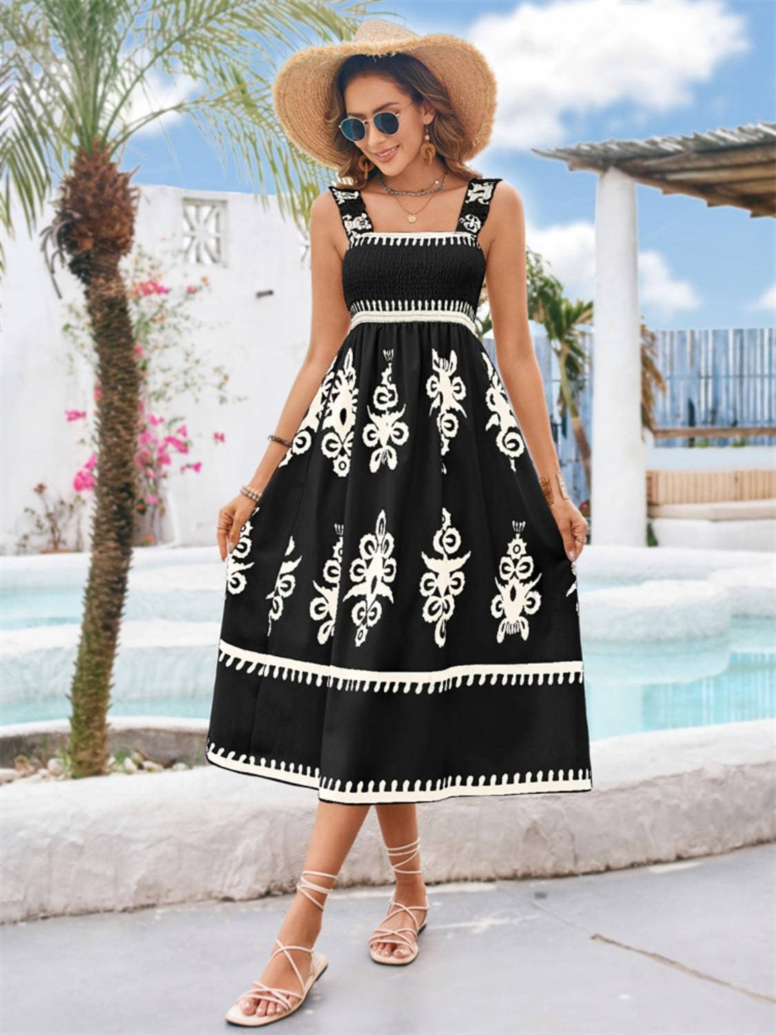 Bedrucktes Midikleid mit eckigem Ausschnitt und breiten Trägern