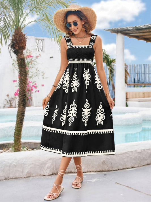 Bedrucktes Midikleid mit eckigem Ausschnitt und breiten Trägern